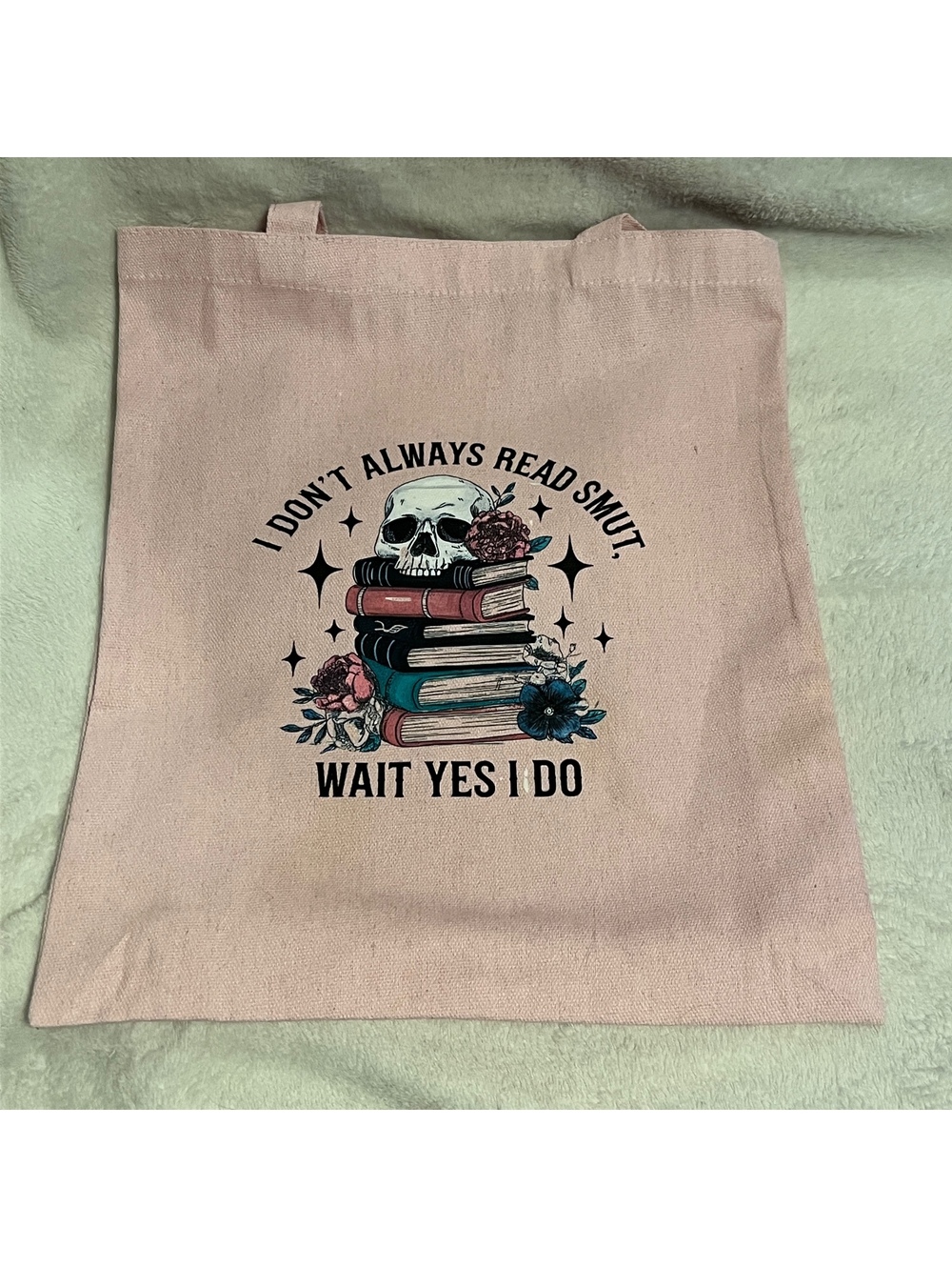 Pink Graphic Canvas Tote Bag with Skull/Books and Smut quote